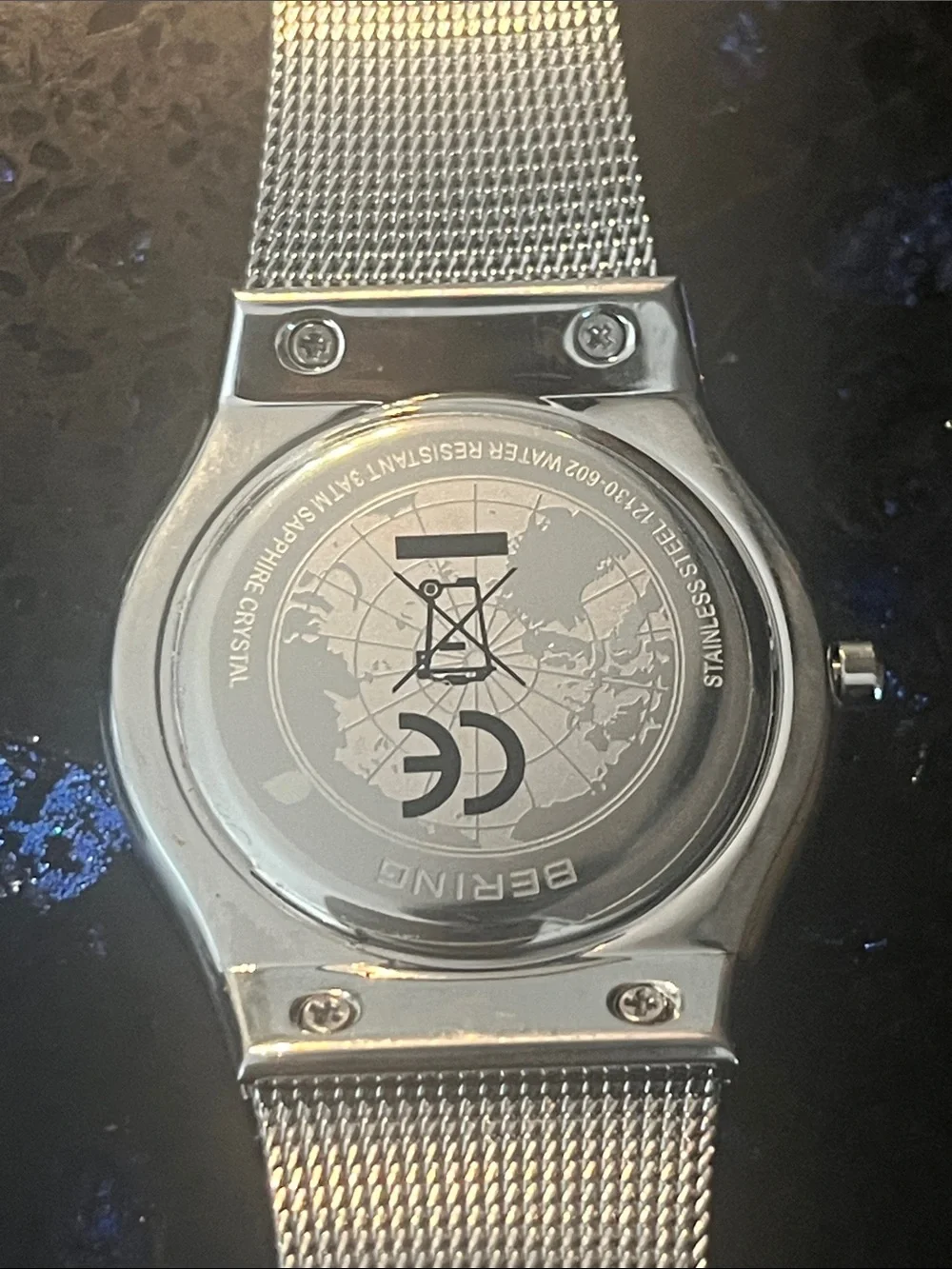 Bering Women Silver Mesh Watch with Black Dial